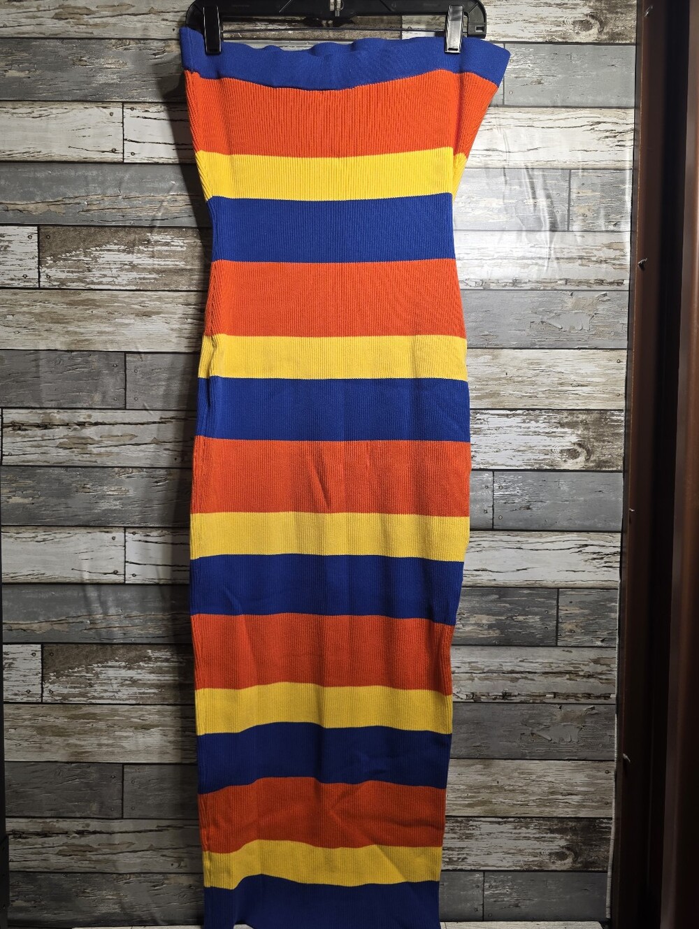 AKIRA Strapless Maxi Dress in Blue, Orange & Yellow Bold Stripes - Picture 4 of 4